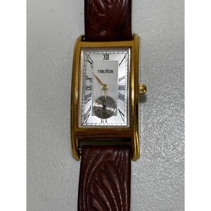 Nautica rectangle Roman numerals brown leather men's watch, working